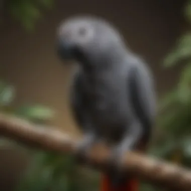 A vibrant African Grey Parrot perched on a branch, showcasing its stunning plumage.