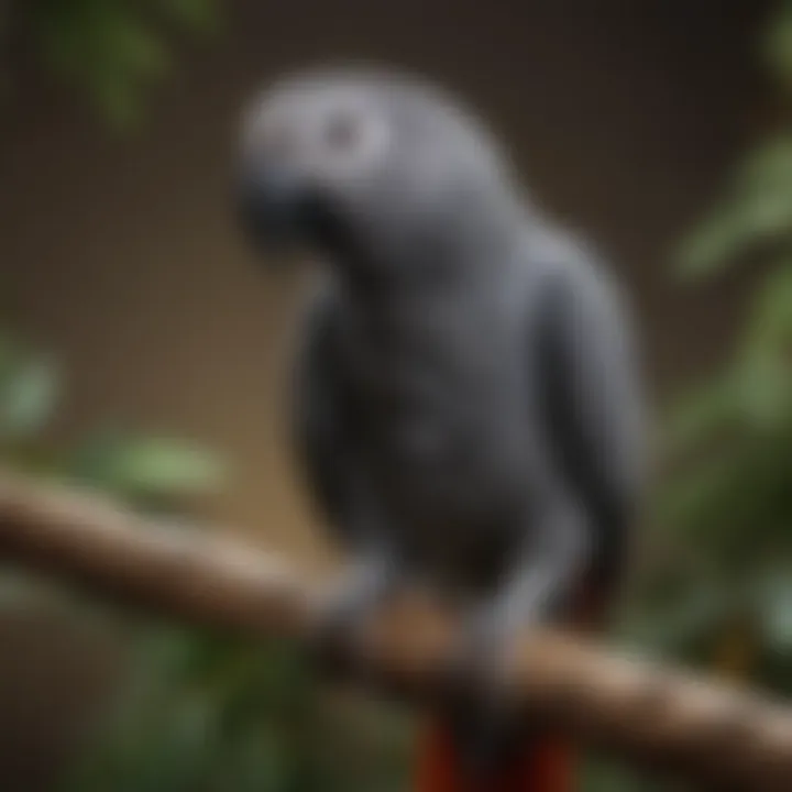 A vibrant African Grey Parrot perched on a branch, showcasing its stunning plumage.