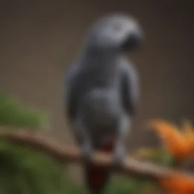 A stunning African Grey parrot perched on a branch, showcasing its vibrant feathers and intelligent gaze.