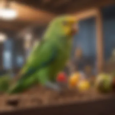 A well-maintained parakeet cage with toys and perches.