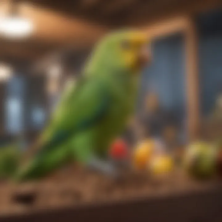 A well-maintained parakeet cage with toys and perches.