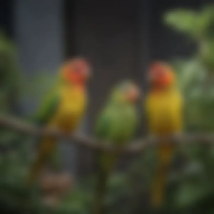 Colorful parakeets perched together, showcasing their vibrant plumage.
