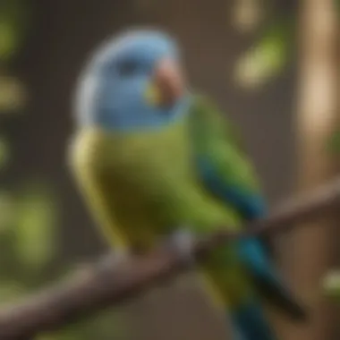 A close-up of a parakeet displaying its playful behavior.