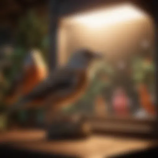 A vibrant avian heat lamp illuminating a bird enclosure