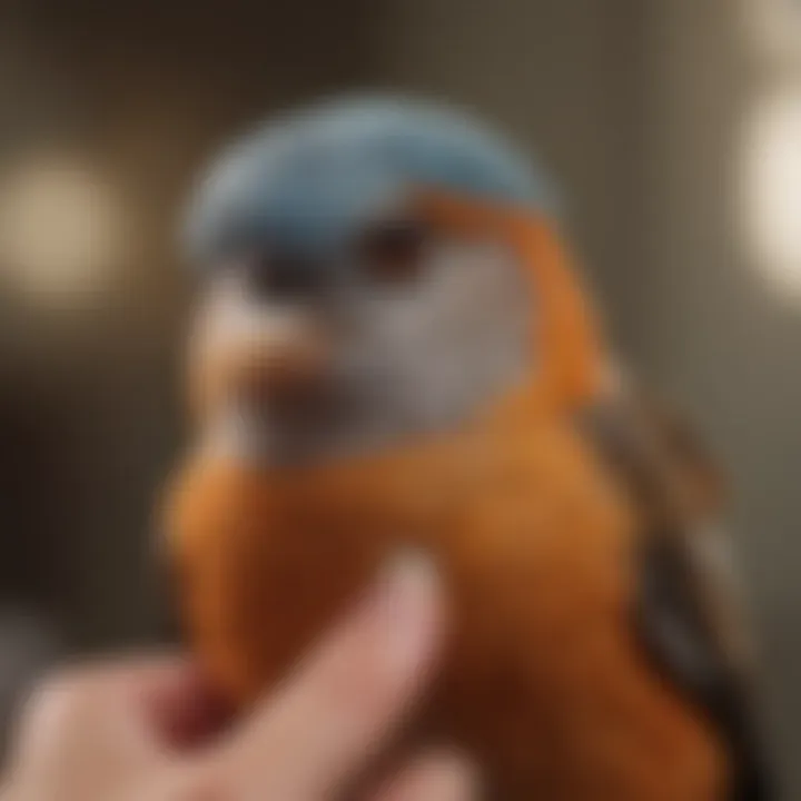 A close-up of a bird being gently examined for signs of illness.