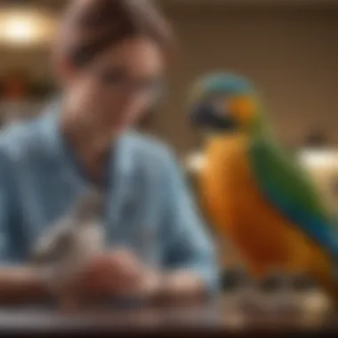 An avian veterinarian consulting with a pet owner about a bird's health issues.