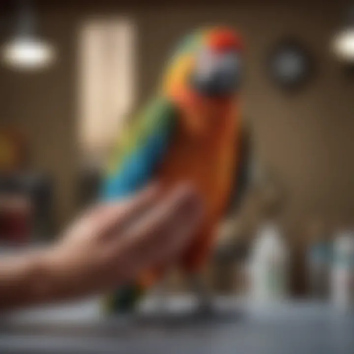 A colorful parrot perched on a veterinarian's hand during an examination.