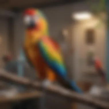 A vibrant parrot perched on a branch in a veterinary clinic