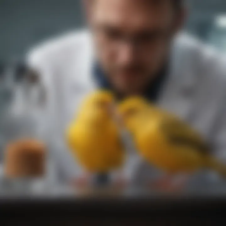 A veterinarian examining a canary in a clinical environment