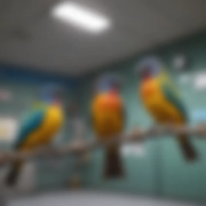 Colorful birds perched on a branch in a veterinary clinic