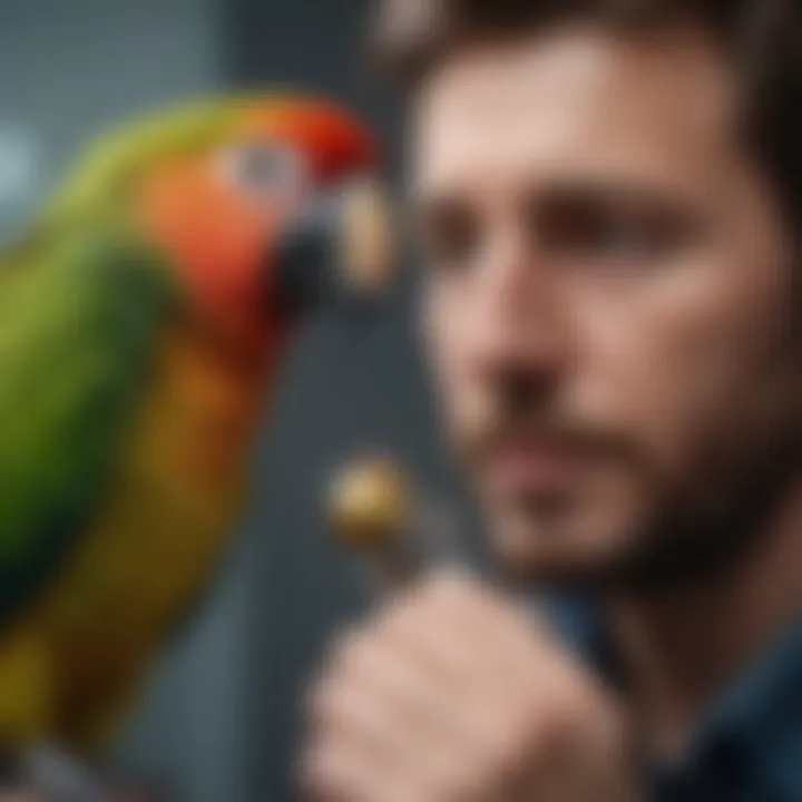 A knowledgeable avian veterinarian examining a parrot