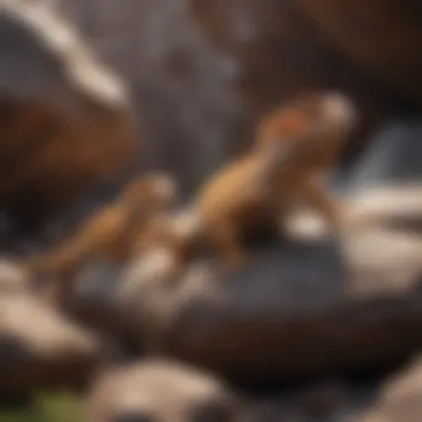 Bearded dragon climbing on rocks