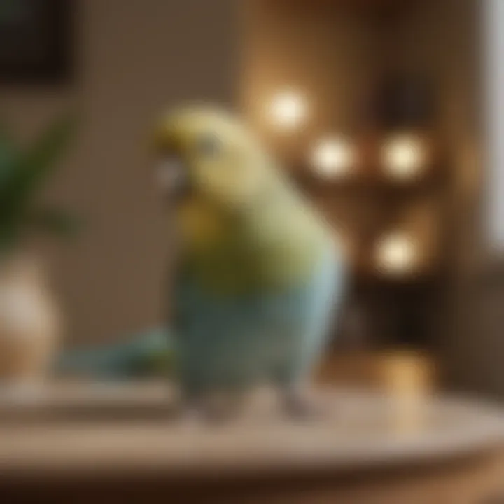 A playful budgerigar interacting with its owner in a bright, welcoming home.