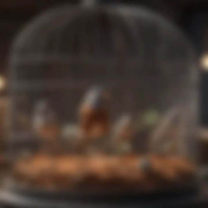Close-up of a spacious bird cage with multiple perches.