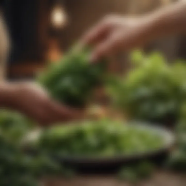 A hand selecting fresh greens for avian diets