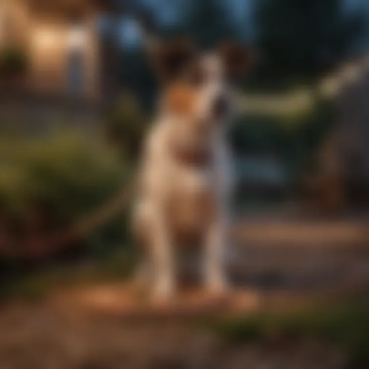 A dog happily playing in a well-lit outdoor space featuring bird dog rope lights.