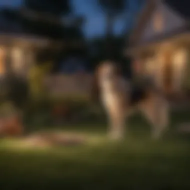 A picturesque outdoor scene featuring bird dog rope lights illuminating a backyard during twilight.