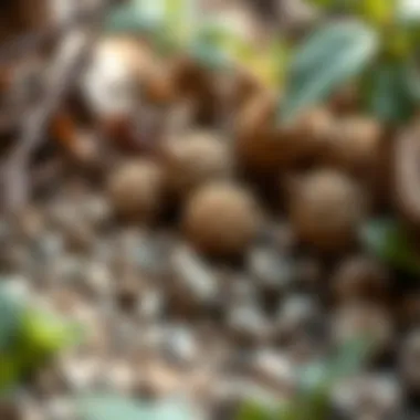 Various types of bird pellets displayed among natural foliage