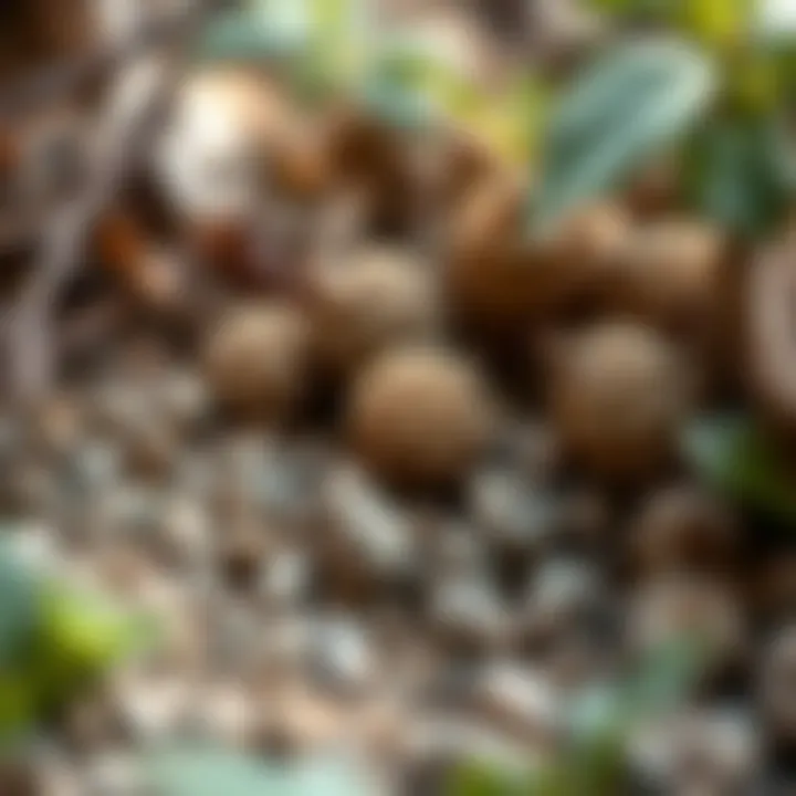Various types of bird pellets displayed among natural foliage