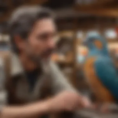 A bird owner interacting with a feathered friend