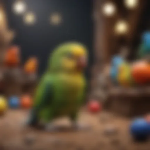 Colorful assortment of parakeet toys