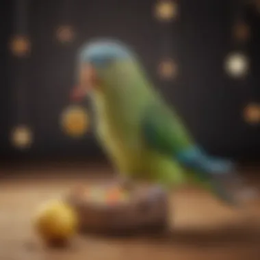 Parakeet playing with a hanging toy