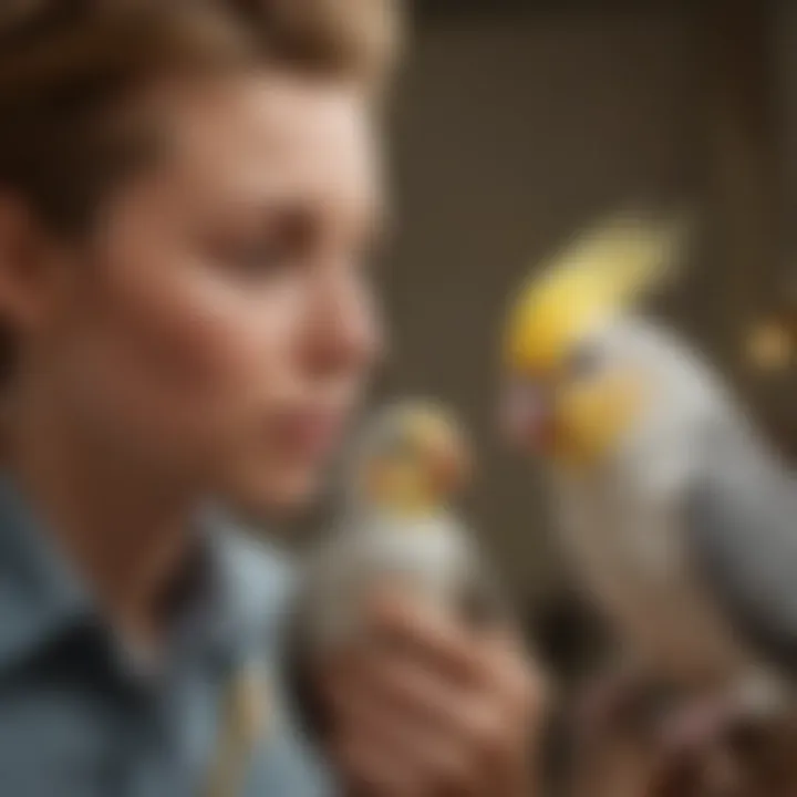 A bird trainer interacting with a cockatiel, showcasing bond