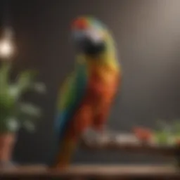 A colorful parrot performing a trick on a perch