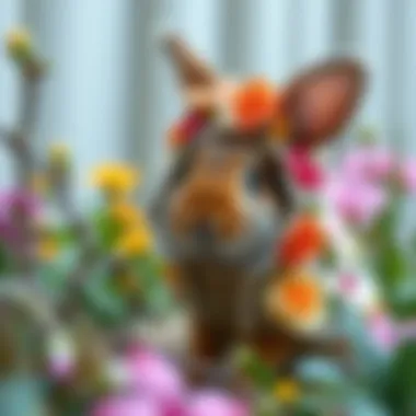 A rabbit in a delicate floral costume surrounded by garden elements
