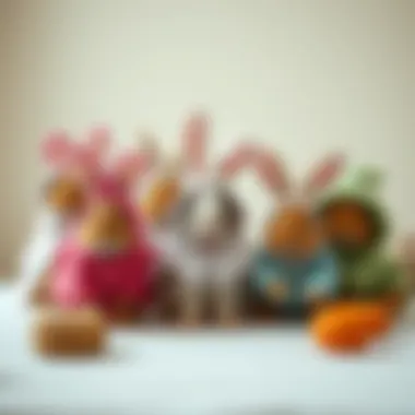 A collection of various bunny costumes for rabbits displayed on a table
