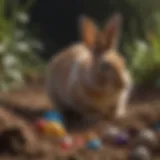 A rabbit exploring a colorful digging toy