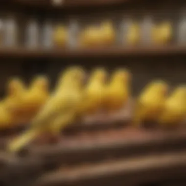 An array of canaries in various breeds displayed in a specialized shop.