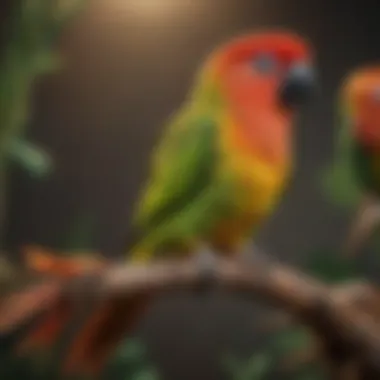 A vibrant conure perched on a branch, showcasing its colorful feathers