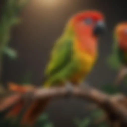 A vibrant conure perched on a branch, showcasing its colorful feathers