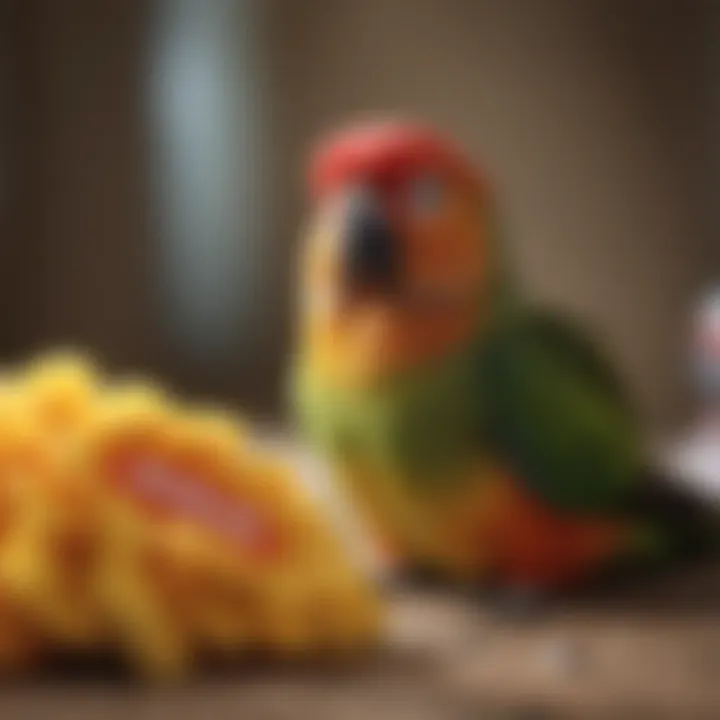 A variety of name tags displayed next to conure toys