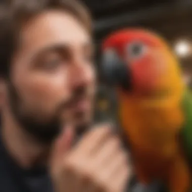 A pet owner interacting with a conure, demonstrating their bond