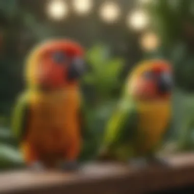 A diverse group of conures, each with unique colors and personalities