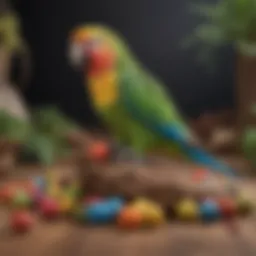 A colorful assortment of foraging toys designed for parakeets, showcasing various textures and materials.