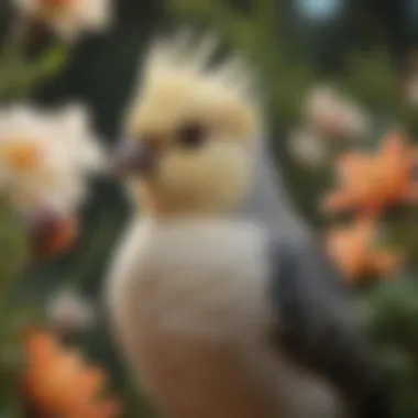 Nature Themes in Female Cockatiel Names A serene setting with a female cockatiel surrounded by flowers, representing themes of beauty and nature.