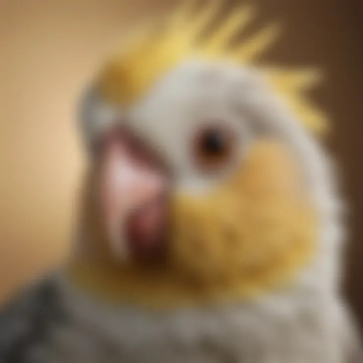 A close-up of a female cockatiel's face, highlighting its unique personality traits.