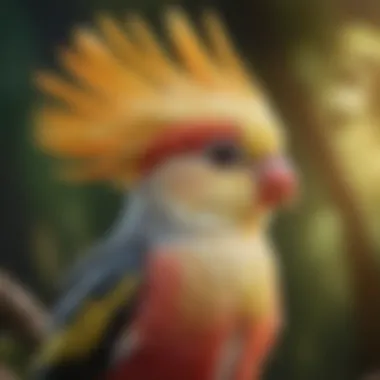 Vibrant Feathers of a Female Cockatiel A colorful female cockatiel perched on a branch, showcasing its vibrant feathers.
