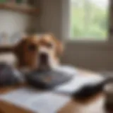 A thoughtful pet owner reviewing veterinary bills with a calculator