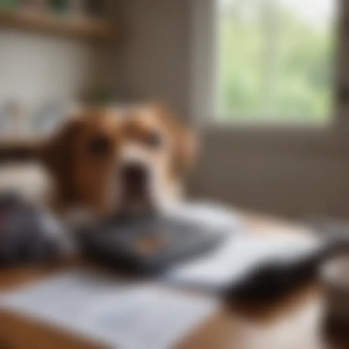 A thoughtful pet owner reviewing veterinary bills with a calculator
