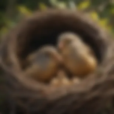 Finch parents caring for their chicks inside the nest.