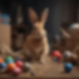 A Flemish Giant rabbit playing with a variety of toys