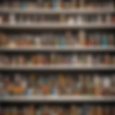 A well-organized shelf displaying an array of pet supplies from catalogs.