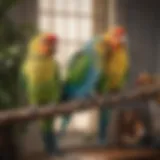 Colorful parakeets perched on a branch in a cozy home setting