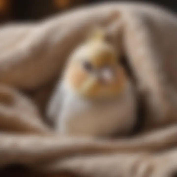 Cockatiel nestled in a soft blanket