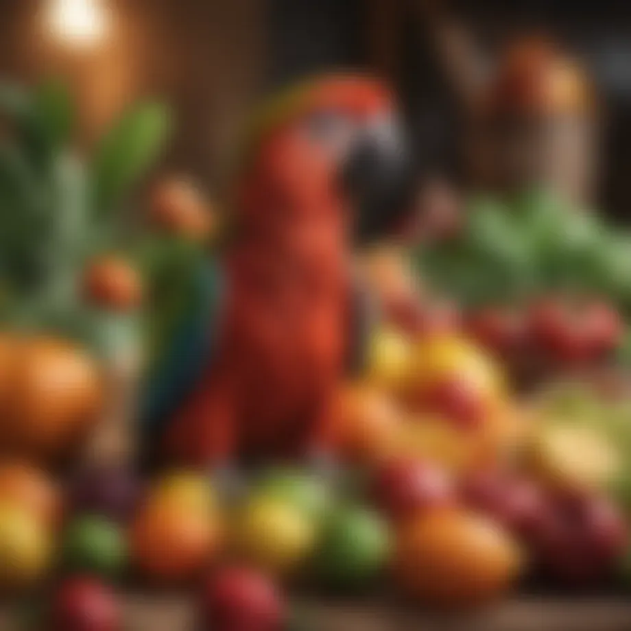A colorful display of fresh fruits and vegetables ideal for parrots