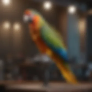 A colorful parrot perched on a training stand during a class session.